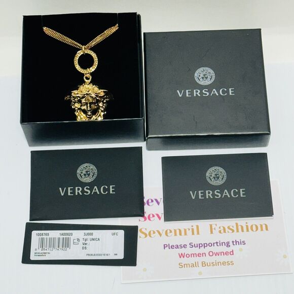 NIB Versace Medusa Head Pendant Gold Tone Triple Multi Chain Necklace $750 - Picture 3 of 11